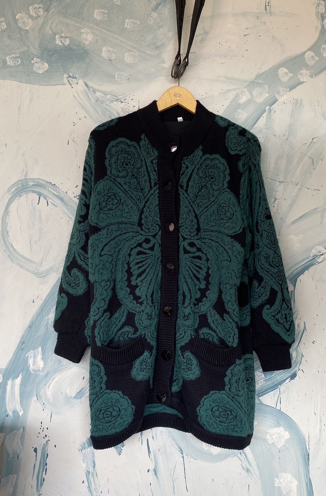 image of Japanese Floral Patterned Knit Cardigan Sweater, Women's (Size Large)