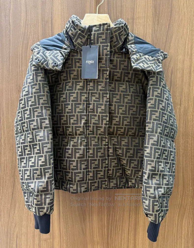 Fendi Brown monogram logo hooded down jacket
