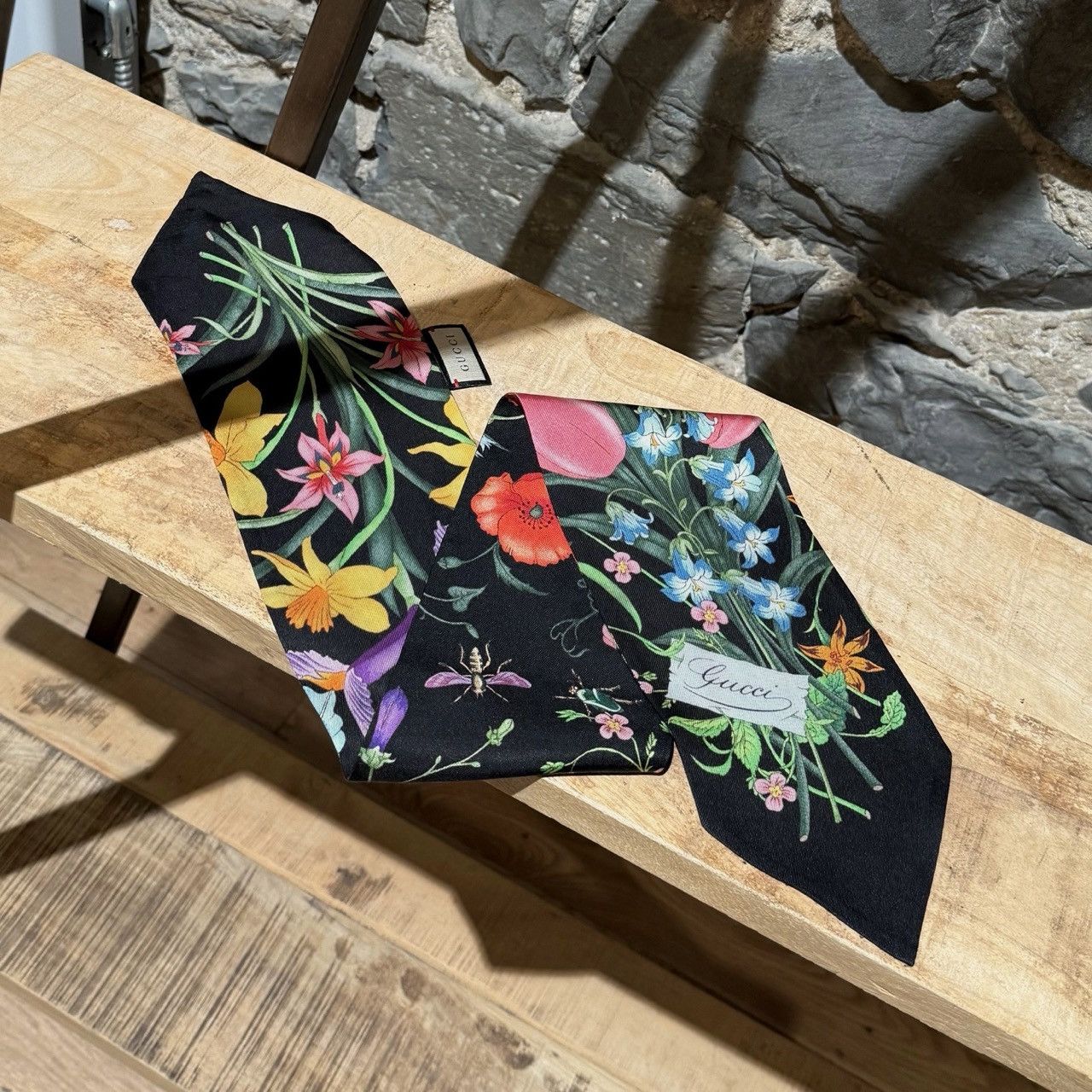 Gucci Gucci Black Flora Print Silk Neck Bow Scarf Size ONE SIZE - 3 Thumbnail