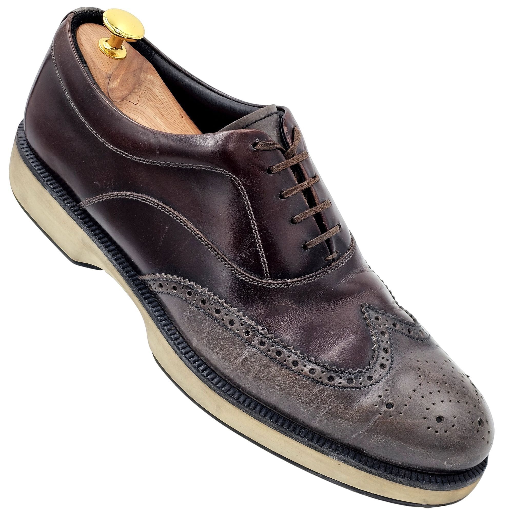 image of Italy Salvatore Ferragamo Men 10 Gray Burgundy Wingtip Dress Shoes in Burgundy Gray