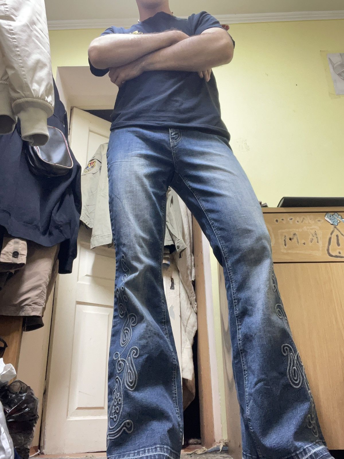 If Six Was Nine × Le Grande Bleu (L.G.B.) × Tornado Mart Skull Y2K Flare Jeans With Ornate Threadwork — Think LGB Size US 32 / EU 48 - 18 Thumbnail