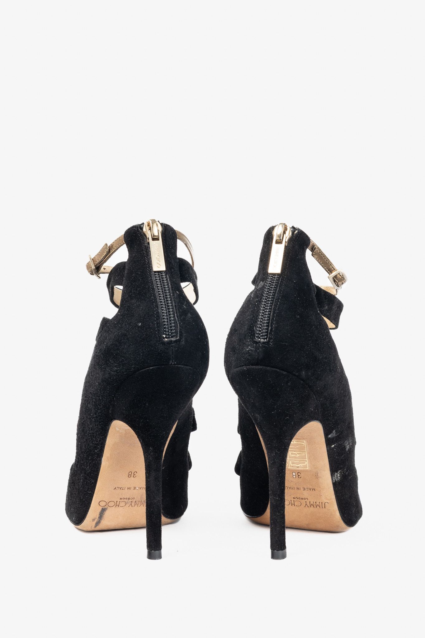 Jimmy Choo Jimmy Choo Fathom Black & Gold Suede Strappy Sandals Size US 7.5 / IT 37.5 - 3 Thumbnail