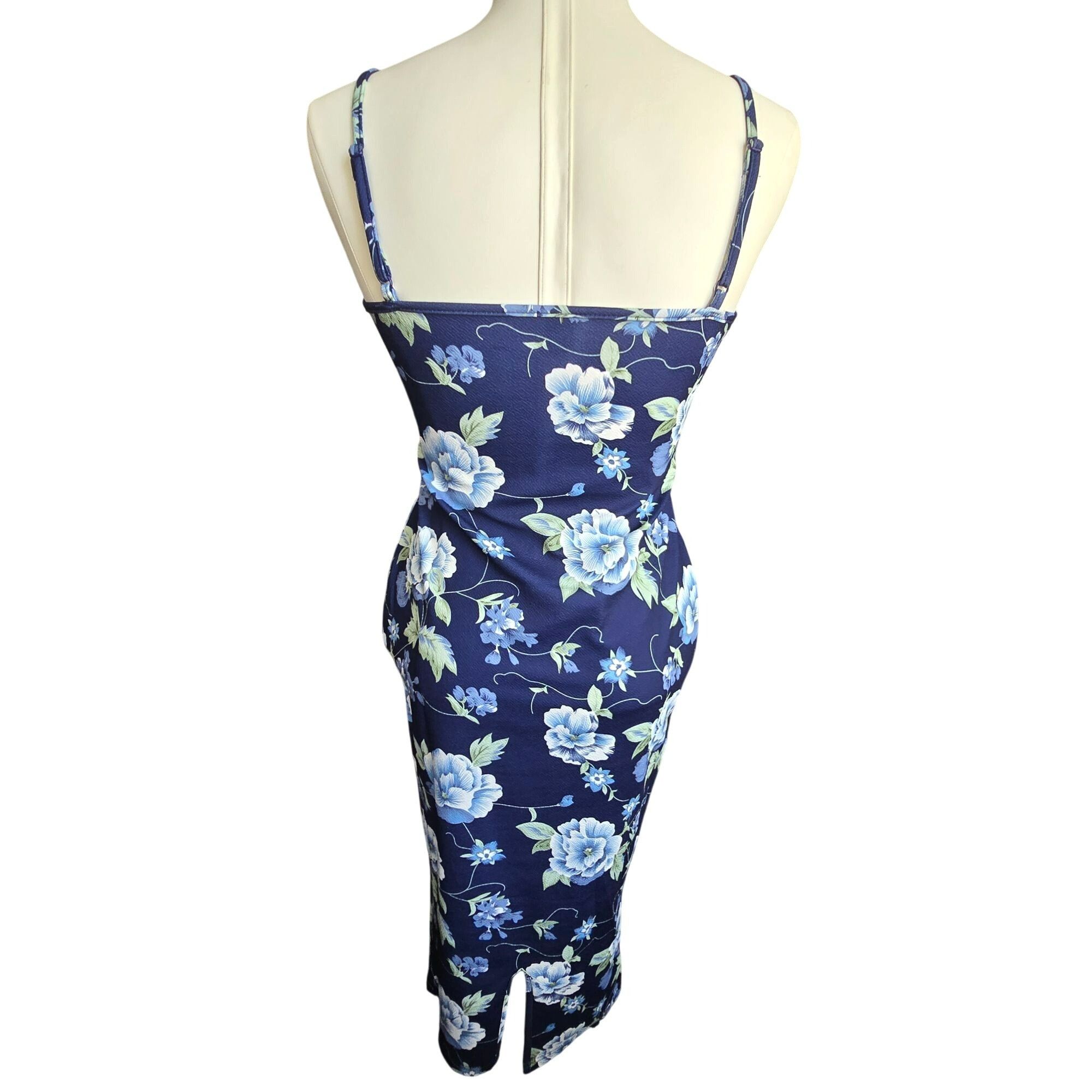 Shein Navy Blue Floral Bodycon Midi Dress With Spaghetti Straps Si Size L / US 10 / IT 46 - 2 Thumbnail