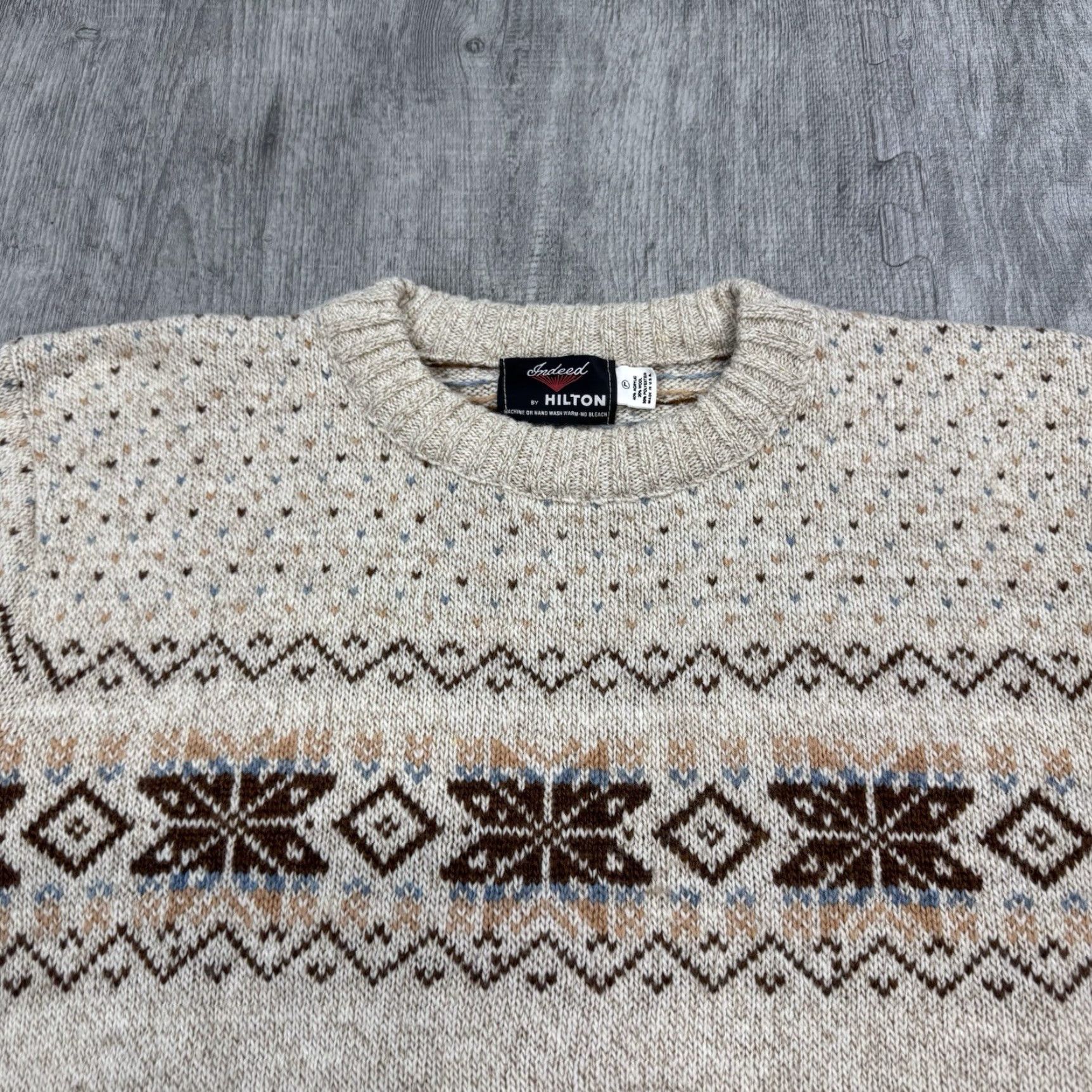 Vintage VINTAGE Indeed by Hilton Crewneck Sweater Adult Large Beige Fair Isle Knit Patterned Preppy USA Wool Blend Size US L / EU 52-54 / 3 - 2 Thumbnail