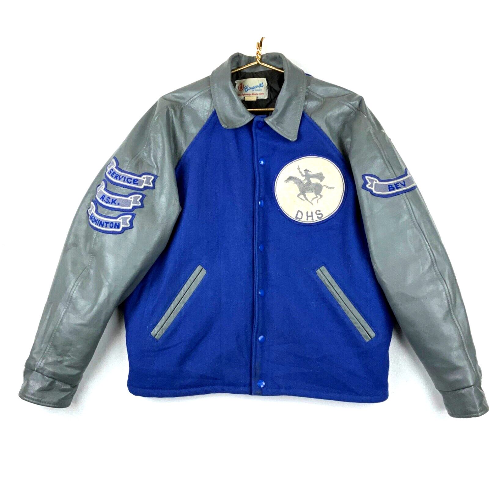 Image of Vintage Snap Button Varsity Bomber Jacket Leather Wool Large Blue Insulated in White, Men's