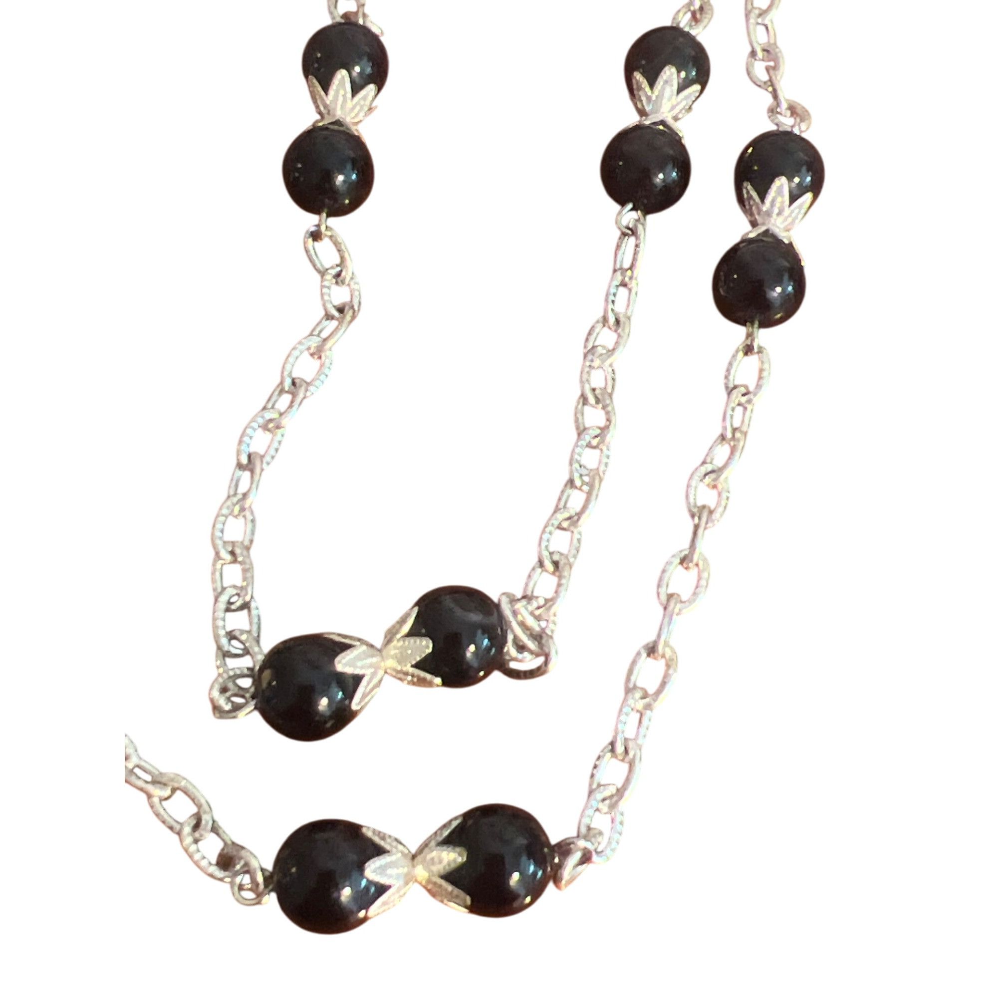 Other Vintage Silver Tone Chain Necklace Black Glass Beads Leaf No Size ONE SIZE - 3 Thumbnail