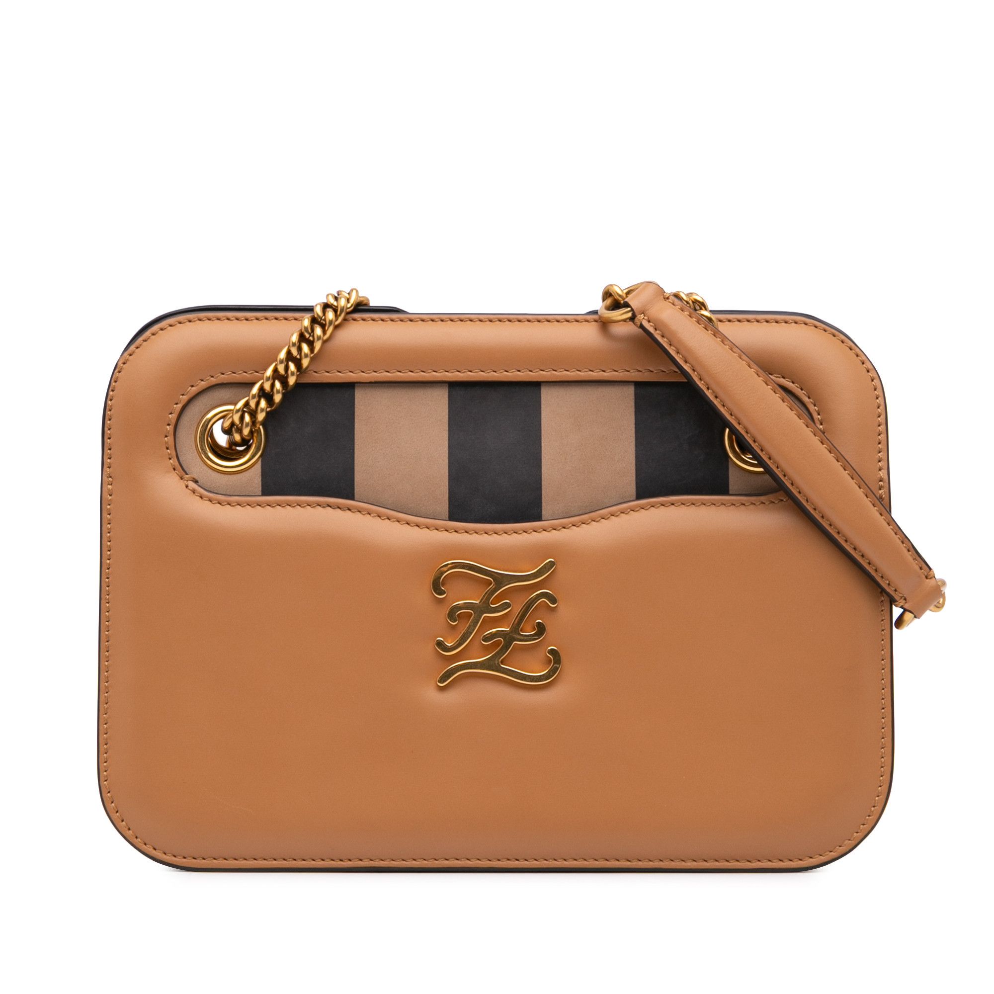 Fendi Calfskin Vitello King Nubuck Pequin Karligraphy Pocket Shoulder Bag in Brown, Women's