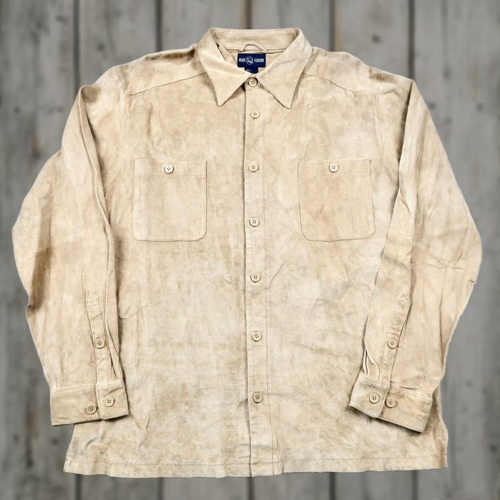 Vintage Alan Flusser Mens Large Tan Suede Leather Shirt Long Sleeve Button Down Casual Outdoor RN110498 Size US L / EU 52-54 / 3 - 1 Thumbnail
