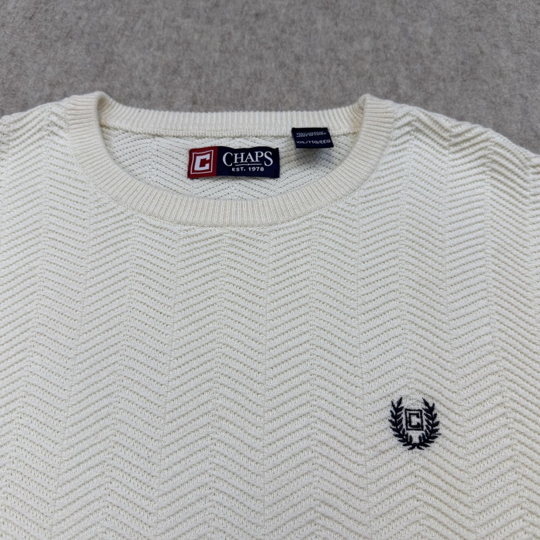 Chaps Chaps Sweater Pullover Mens 2XL Knit White Ivory Chevron Geometric Crest Logo Crew Neck Cotton Size US XXL / EU 58 / 5 - 4 Thumbnail