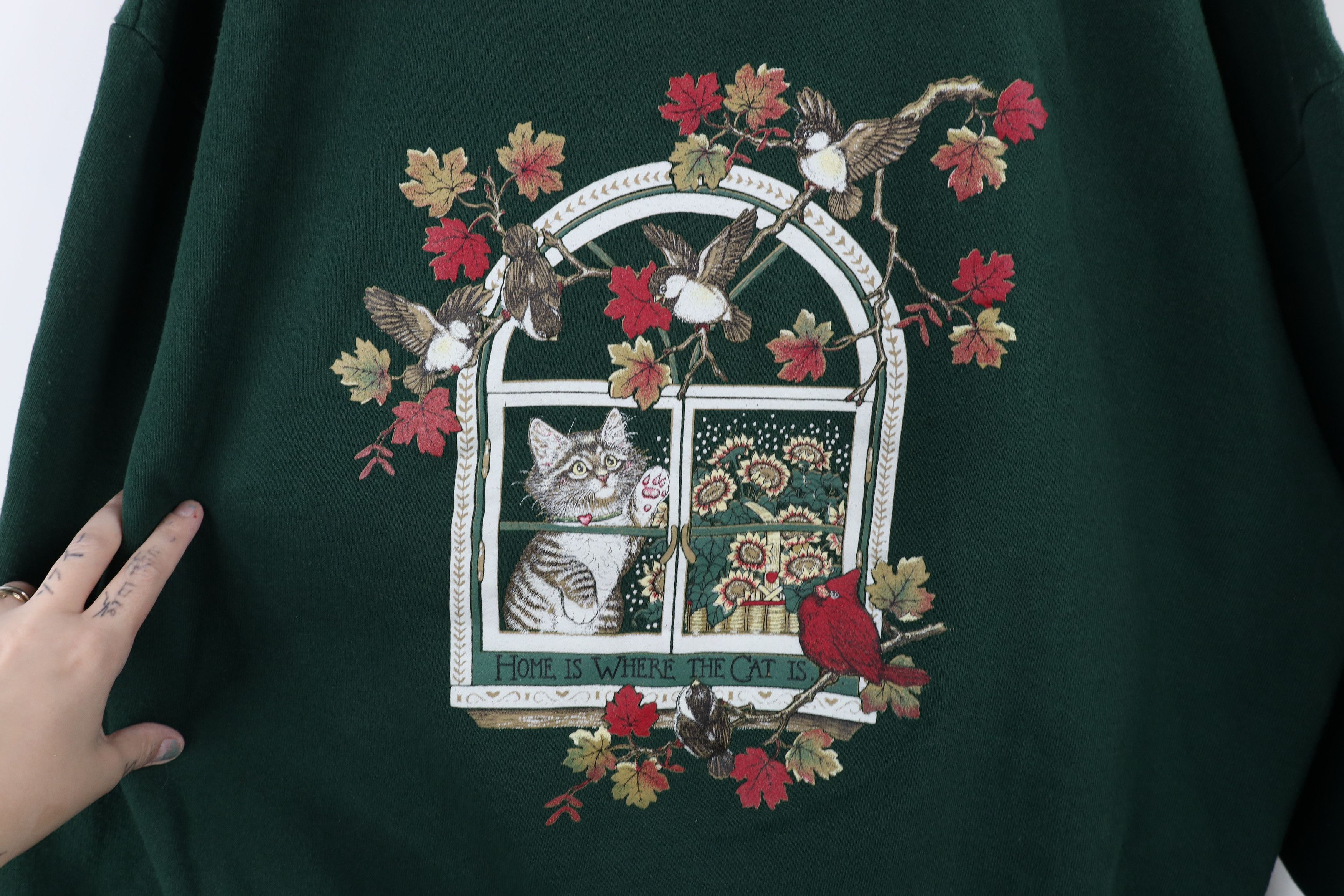 Vintage Vintage 90s Streetwear Cat Kitten Bird Flower Sweatshirt USA Size XXL / US 16-18 / IT 52-54 - 4 Thumbnail