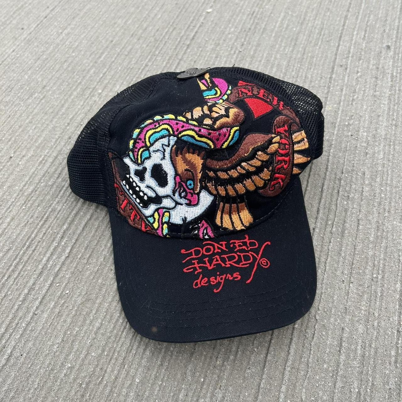 image of Christian Audigier Embroidery Skull Trucker Cap in Black, Men's