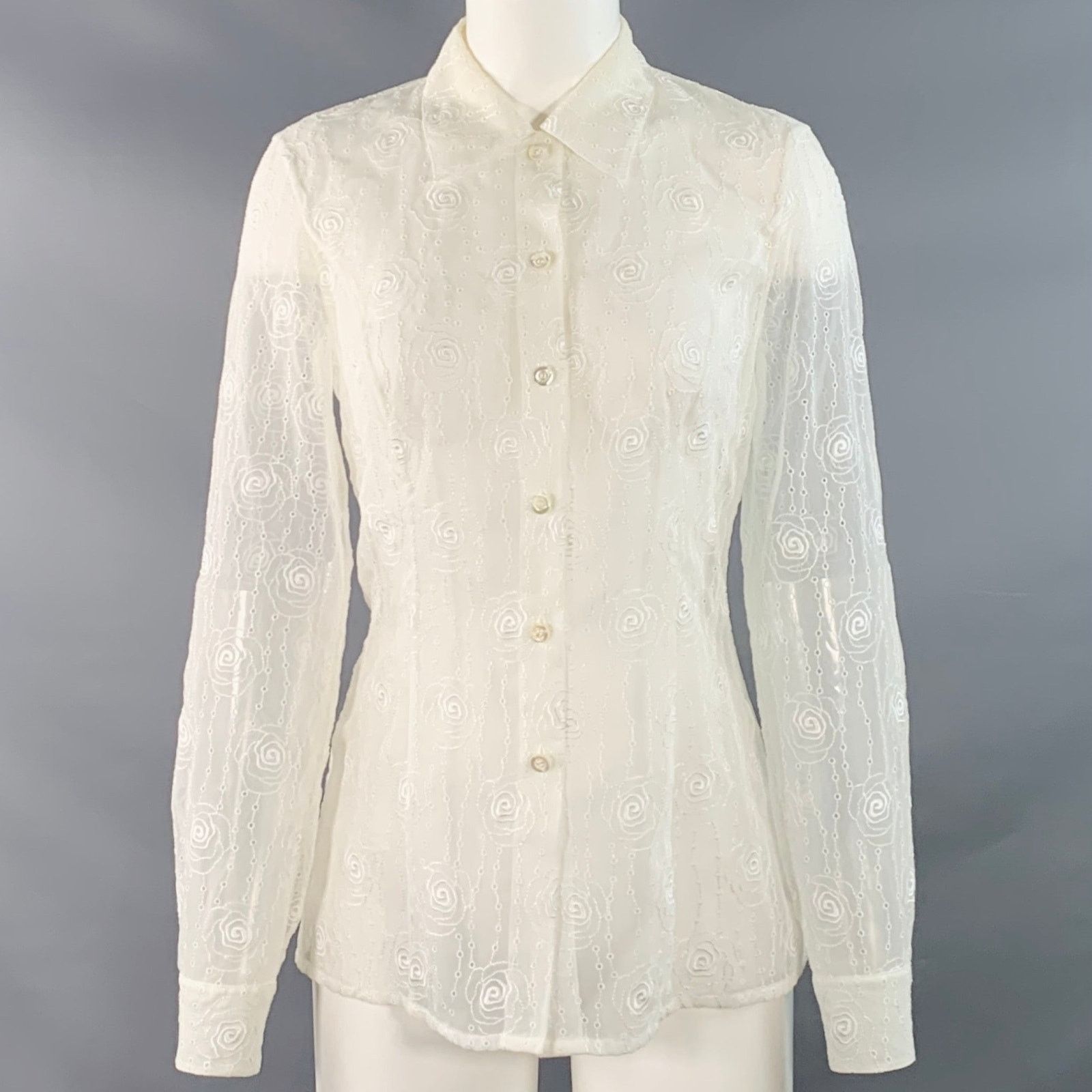 Escada XS Cream Polyester Embroidered Floral Eyelet Button Up Shirt Size XS / US 0-2 / IT 36-38 - 1 Thumbnail