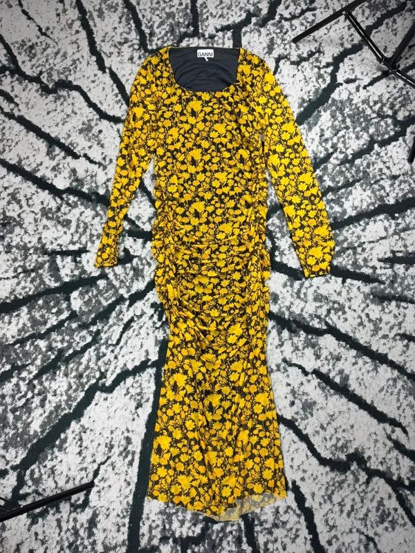 Ganni Ganni dress long new yellow black flowers sunflowers 40 Size L / US 10 / IT 46 - 1 Thumbnail