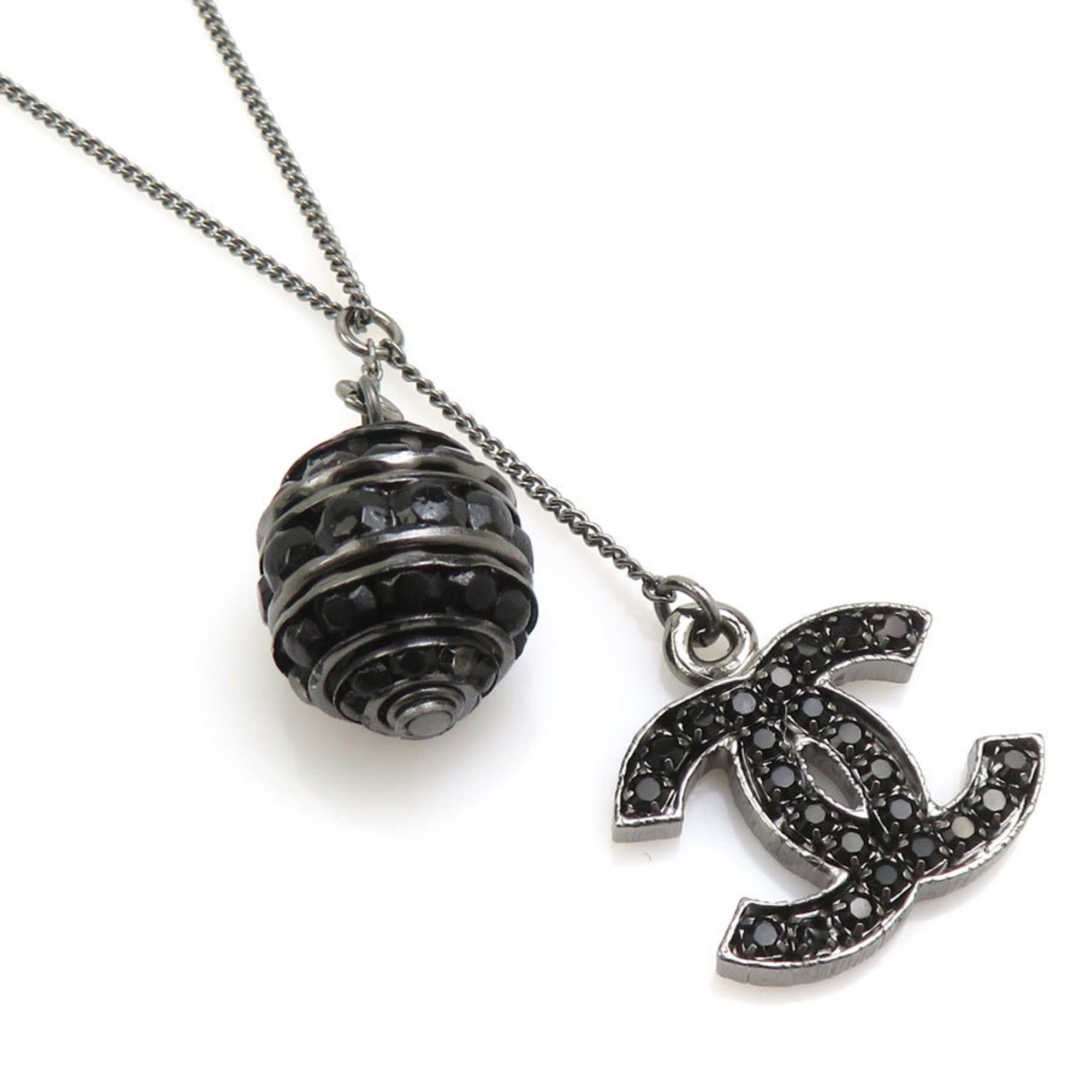 Chanel necklace Coco Mark metal rhinestone gunmetal black women's free shipping e61616a