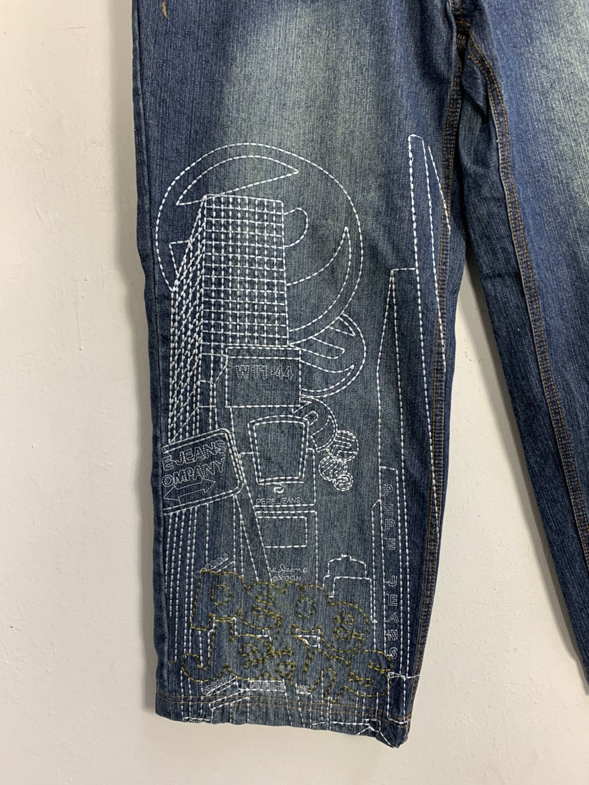 Pepe Jeans Pepe Art Indigo Embroidery Stitching Baggy Straight Cut Size US 35 - 5 Thumbnail
