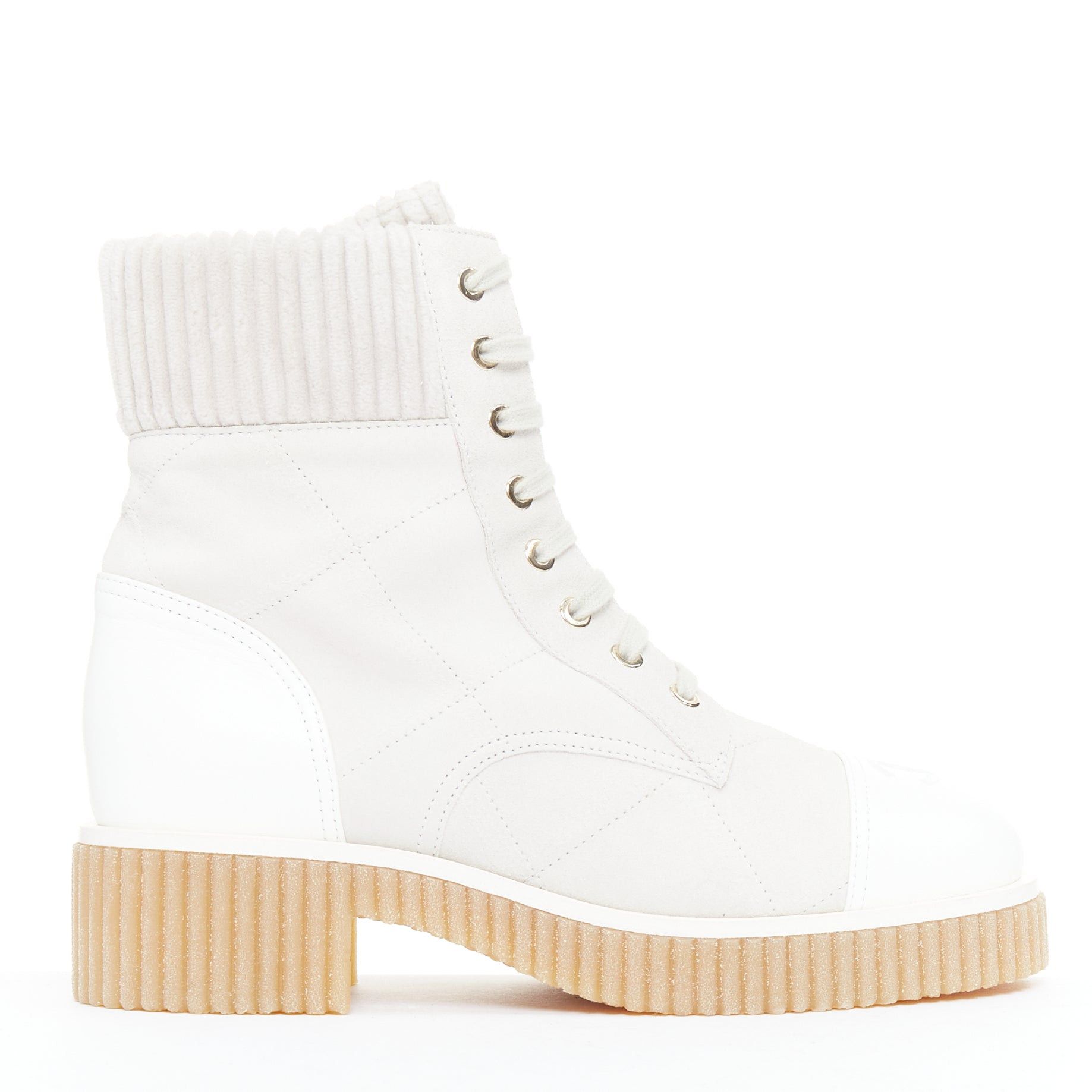 Chanel CHANEL 2020 white CC grey suede calfskin quilted combat boots EU38 Size US 8 / IT 38 - 1 Thumbnail