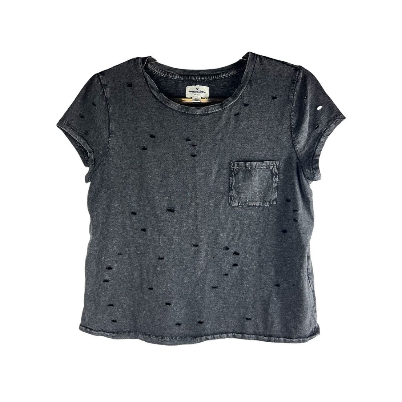 American Eagle Outfitters American Eagle Outfitters Black Distressed Pocket Tee Size S Size S / US 4 / IT 40 - 2 Thumbnail