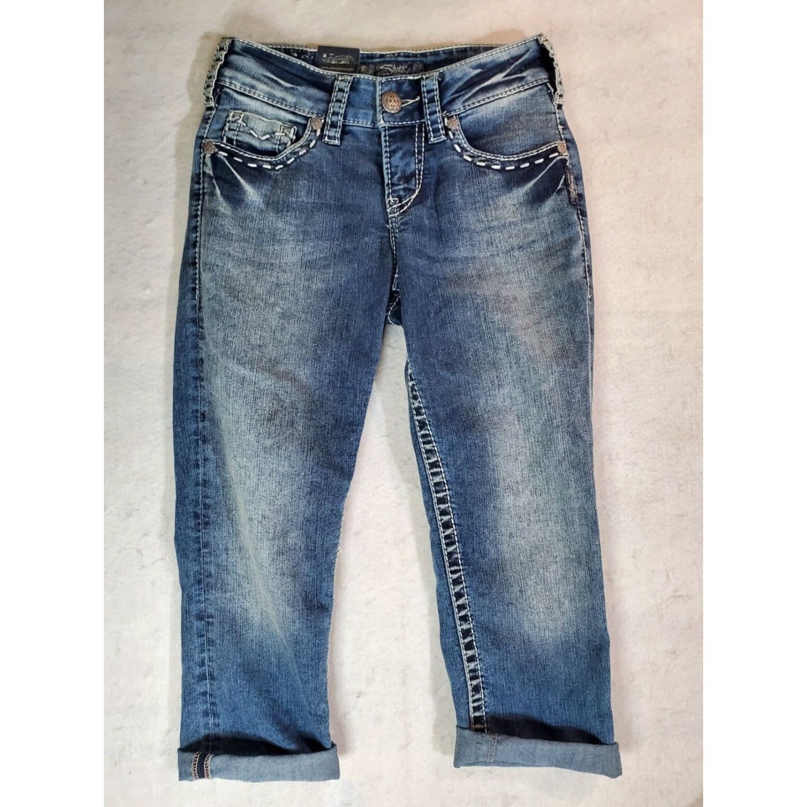 Vintage NWT Silver Signature Capri Jeans -Suki Flap Capri- Distressed Women's Size 25 Jeans Capri Blue 25 Size 42" / US 20 - 2 Thumbnail
