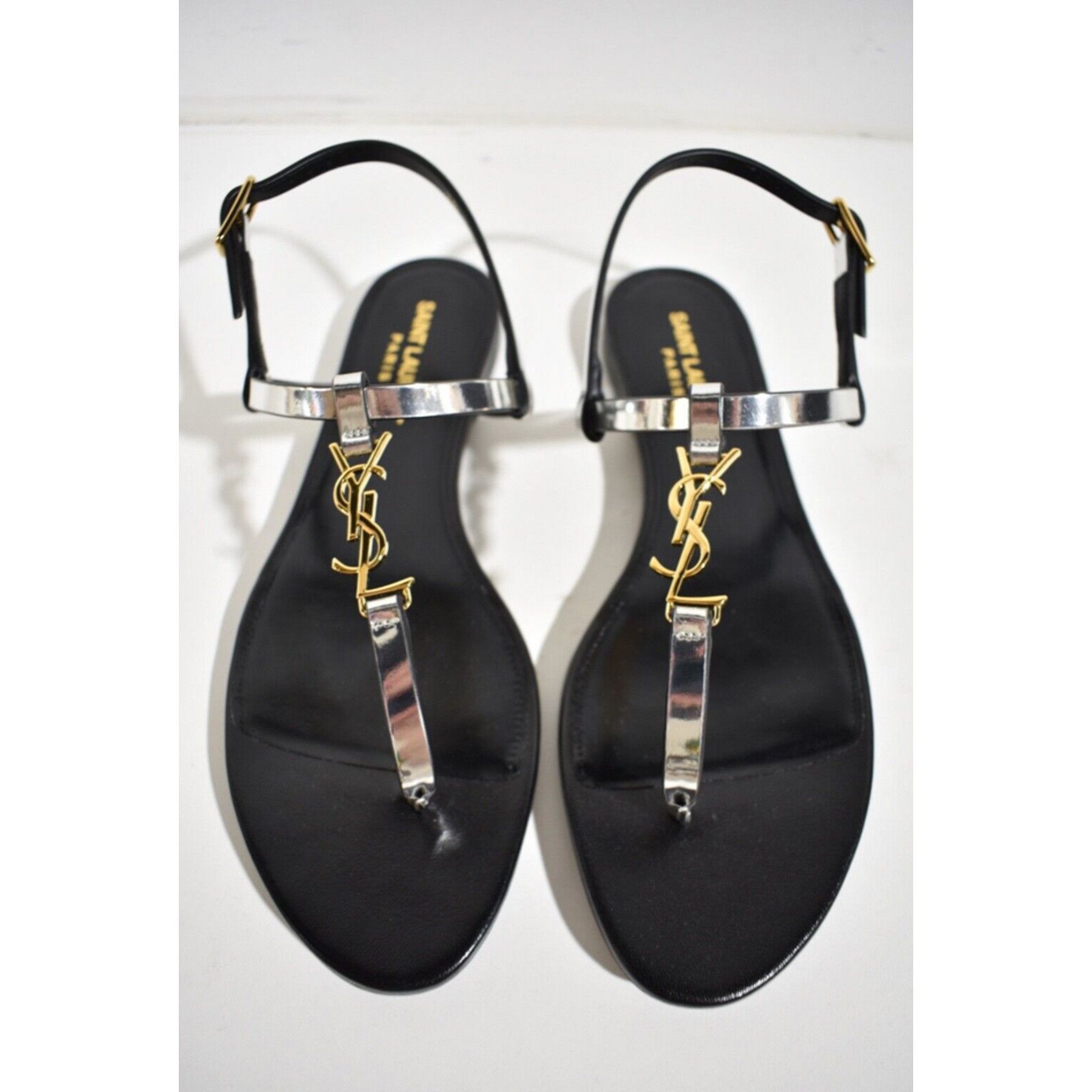 Yves Saint Laurent Saint Laurent YSL Logo Cassandra Iota 05 Silver Black Thong Size US 8 / IT 38 - 6 Thumbnail