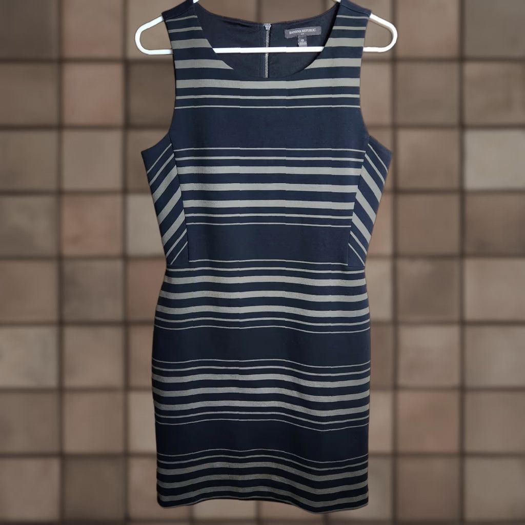 Banana Republic VINTAGE Banana Republic Wmns Black/Olive Variegated Stripe Sleeveless Sheath Dress 10 Black Womens Dress Gentlemen Size L / US 10 / IT 46 - 1 Thumbnail
