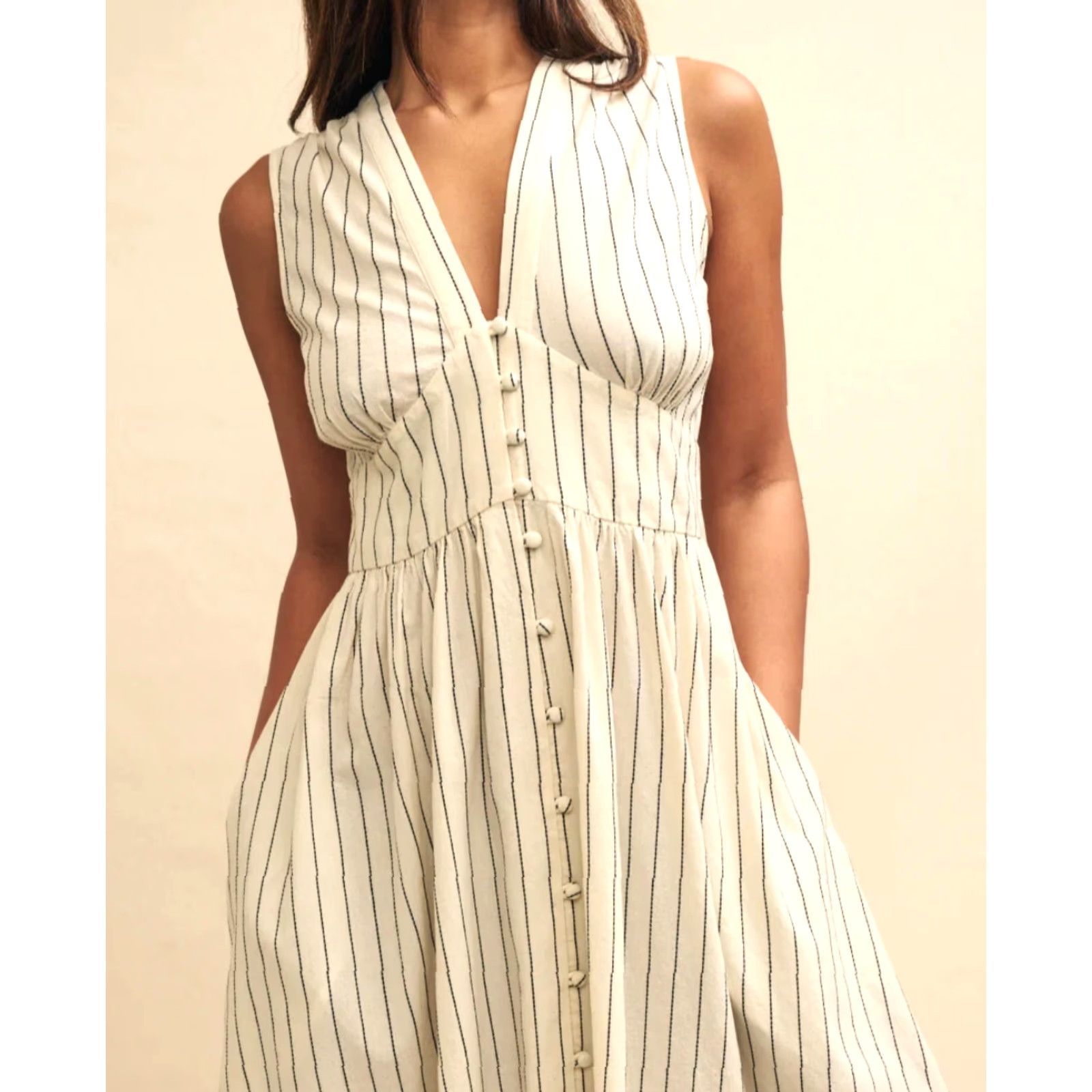 Vintage Nobody's Child Starlight Midi Dress Sleeveless Cream Pinstripe NWT US 0 Women/Adult Slender A-Line Pockets V-Neck Casual Midi Dress Size XS / US 0-2 / IT 36-38 - 3 Thumbnail