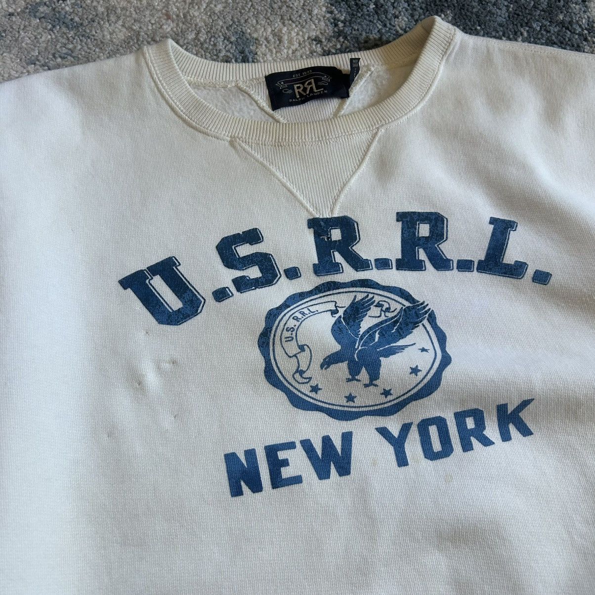RRL Ralph Lauren 2018 CREAM U.S.R.R.L. MOUNTED COLLAR FOOTBALL CREWNECK BLUE Size US M / EU 48-50 / 2 - 2 Thumbnail