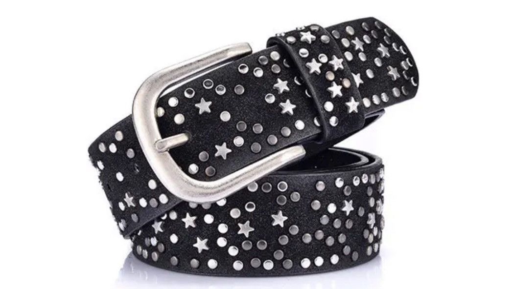 image of Star Grommet Studded Pu Leather Belt in Red, Men's
