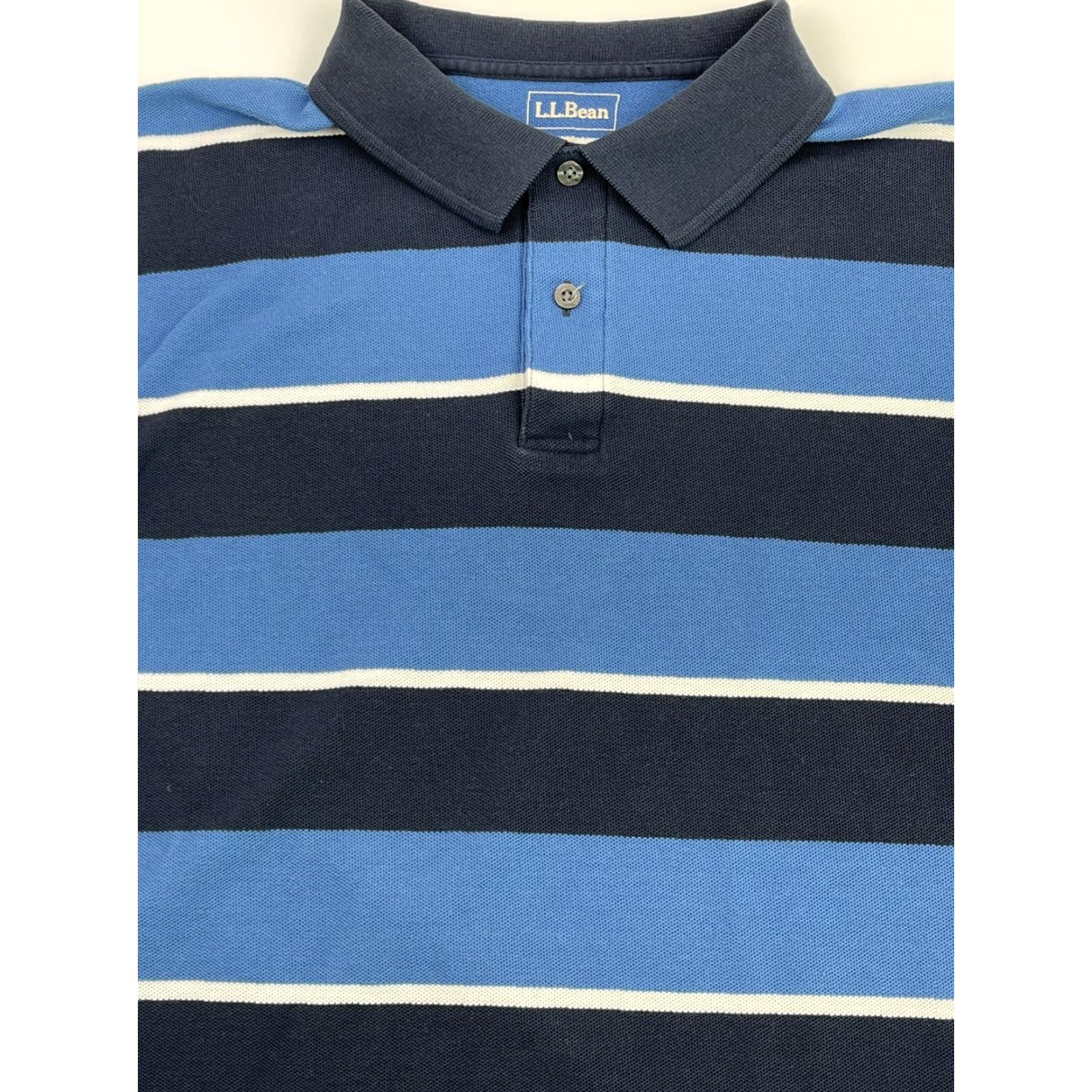 Vintage LL Bean Polo Shirt Men’s Short Sleeve Striped Cotton Button-Front Casual Regular Size M Navy Light Blue White 90s USA Mens Size US M / EU 48-50 / 2 - 2 Thumbnail