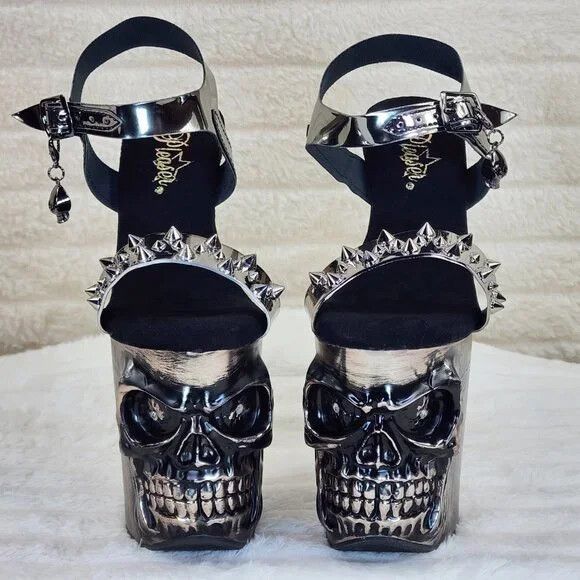 Other Rapture Silver Pewter Spike Skull & Bones 8" High Heel Platf Size US 9 / IT 39 - 2 Thumbnail