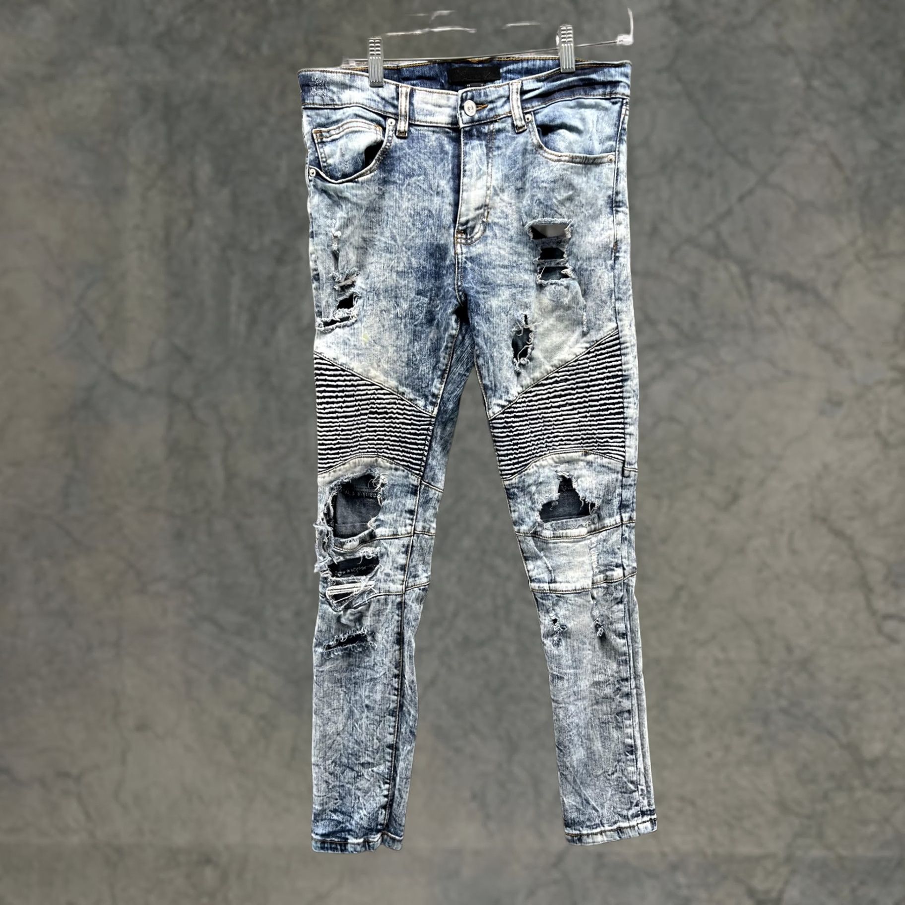 H&M H&M Jeans Mens 32 Blue Slim Skinny Moto Biker Distressed Acid Wash Denim Size US 32 / EU 48 - 1 Thumbnail