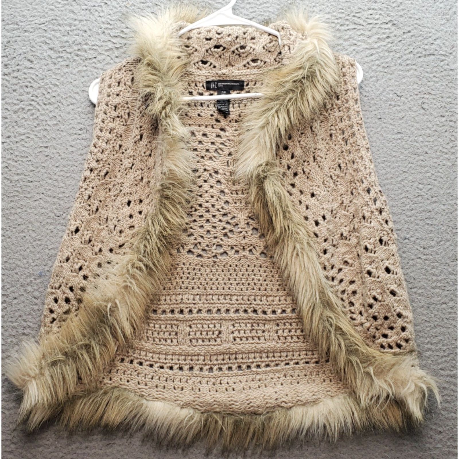 Vintage INC International Concepts Vest Womens PM Crochet Brown Faux Fur Trim Size M / US 6-8 / IT 42-44 - 2 Thumbnail