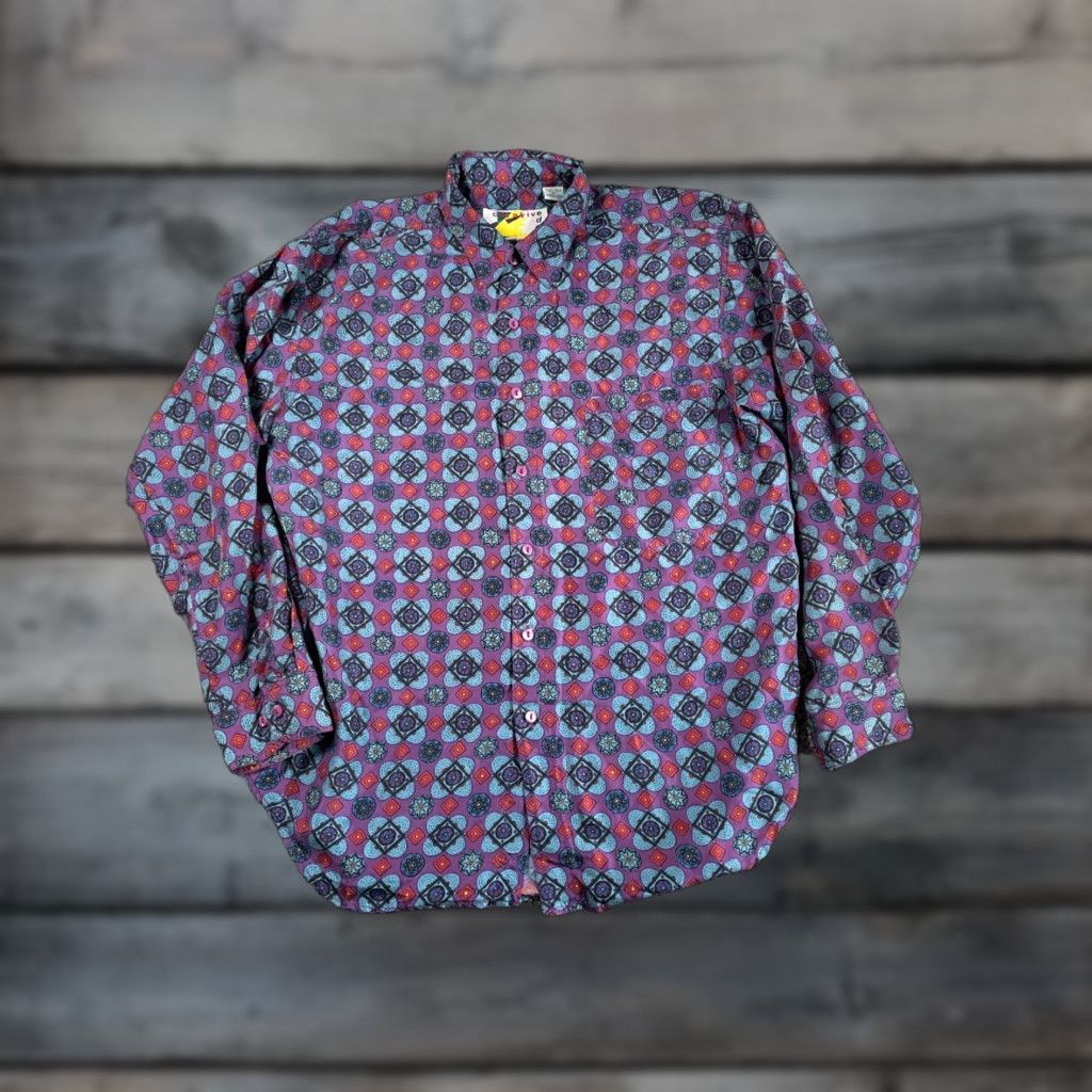 Vintage VINTAGE Creative Edge Silk Shirt Mens Medium Purple Blue Geometric Flower 90s Hippie Retro Button-Up Long Sleeve Collared Size US M / EU 48-50 / 2 - 1 Thumbnail