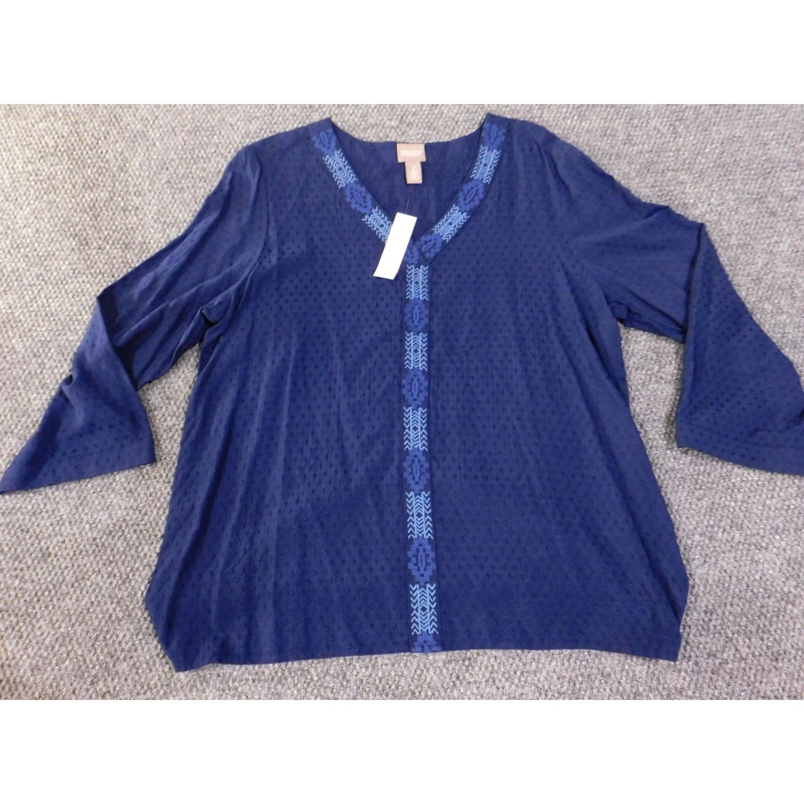 Vintage Chico's Shirt Womens 2 Midnight Blue Bell Sleeve Trimmed Popover 3/4 Sleeve Size XS / US 0-2 / IT 36-38 - 4 Thumbnail