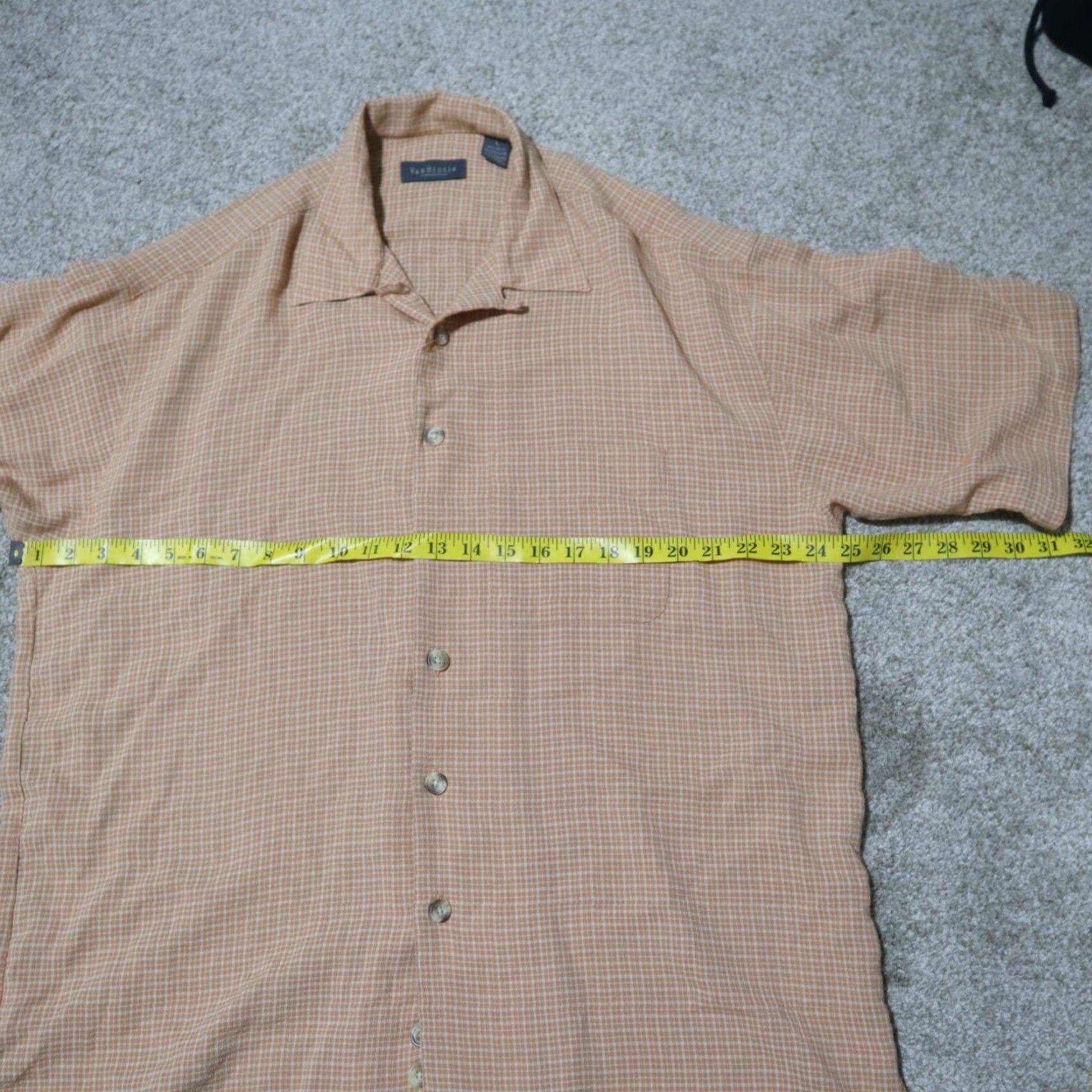 Van Heusen Van Heusen Shirt Short Sleeve Button Up Orange Coral Checked Rayon Men's L Large Size US 33 - 4 Thumbnail