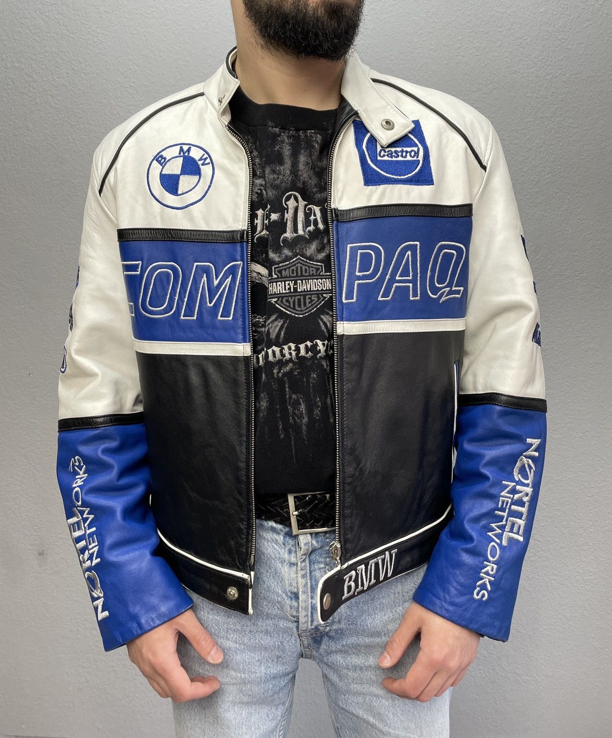 image of Bmw Compaq 90's Racing Leather Jacket Y2K Size M in Black White, Men's