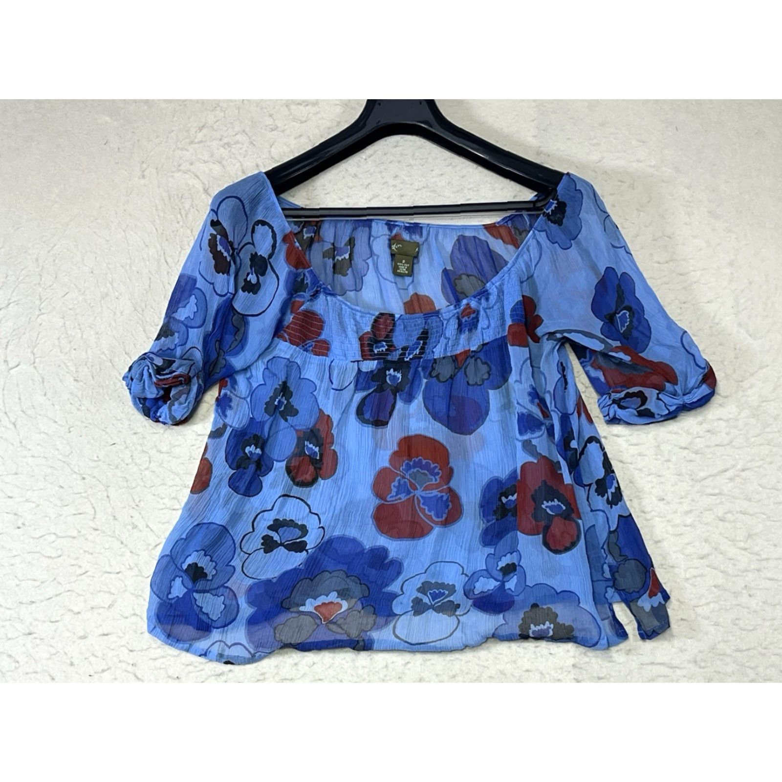 Feit FEI Anthropologie Off the Shoulder Blouse Silk Chiffon Floral Blue Size 2 Women 100% Silk 2 Size XS / US 0-2 / IT 36-38 - 2 Thumbnail