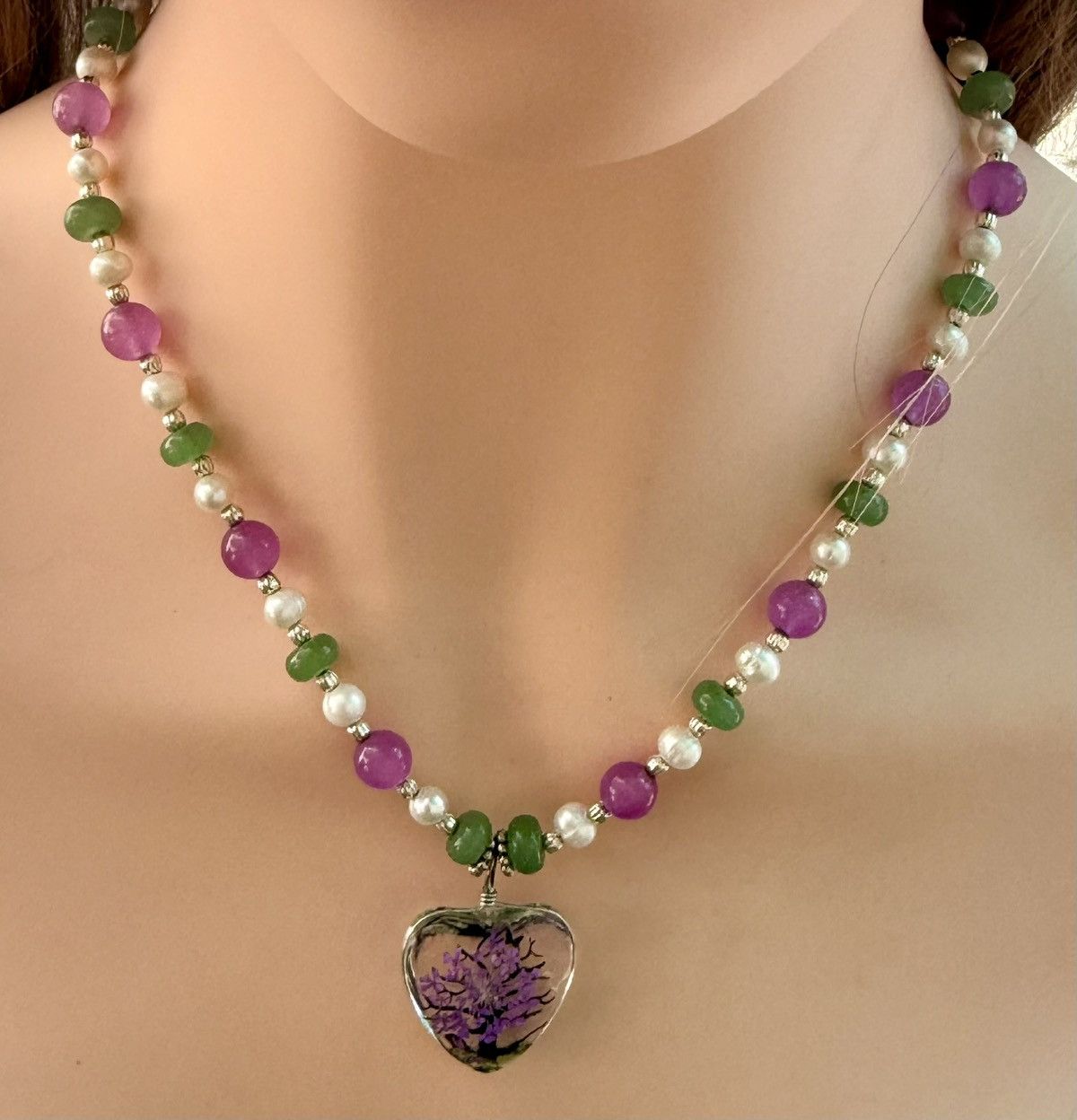 Other Pearl, Jade, Aventurine Handmade Beaded Necklace w Heart Size ONE SIZE - 8 Thumbnail