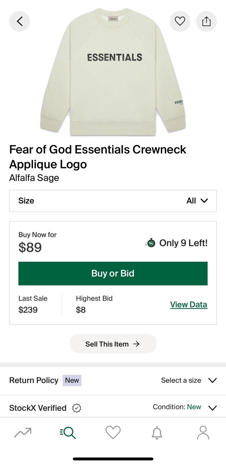 Essentials × Fear of God Fear of God ESSENTIALS Crewneck Appliqué Logo Sage Green Size US M / EU 48-50 / 2 - 2 Thumbnail