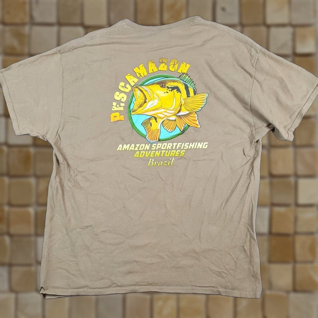 Gildan VINTAGE Amazon Gildan Men's T-Shirt Beige XL Cotton Short Sleeve Crew Neck Fish Brazil Bass Fishing VTG 90s 00s Outdoor Logo Embroidered Shirt Mens Size US XL / EU 56 / 4 - 1 Thumbnail