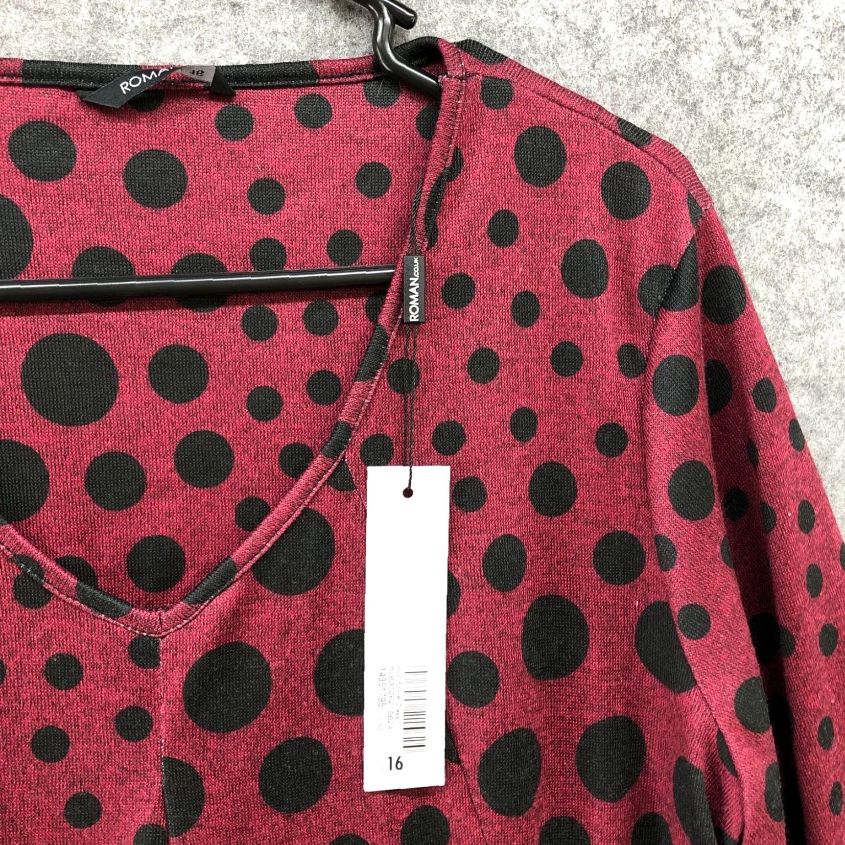 Vintage Roman Dress NWT Women 16 Burgundy Red Polka Dot V Neck Knit Long Sleeve Shift Size XXL / US 16-18 / IT 52-54 - 6 Thumbnail