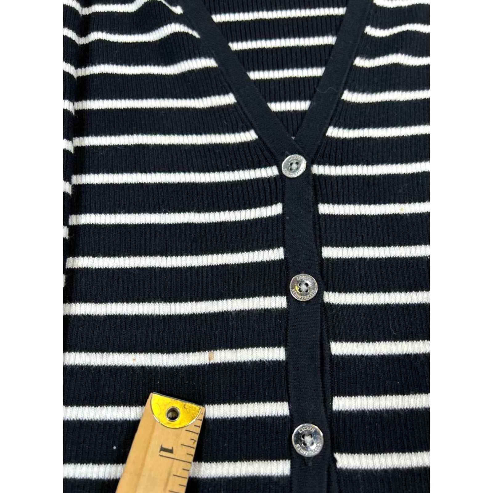 Ralph Lauren Lauren Ralph Lauren Sweater Cardigan Womens S Black White Yellow Knit Striped V-Neck Long Sleeve Cotton Casual Regular Vintage No (note: avoid N/A). Size S / US 4 / IT 40 - 6 Thumbnail