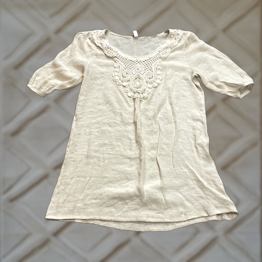 Vintage L&B Blouse Shirt Womens Small Beige 3/4 Sleeve Crochet Pullover Ladies Top Size S / US 4 / IT 40 - 1 Thumbnail