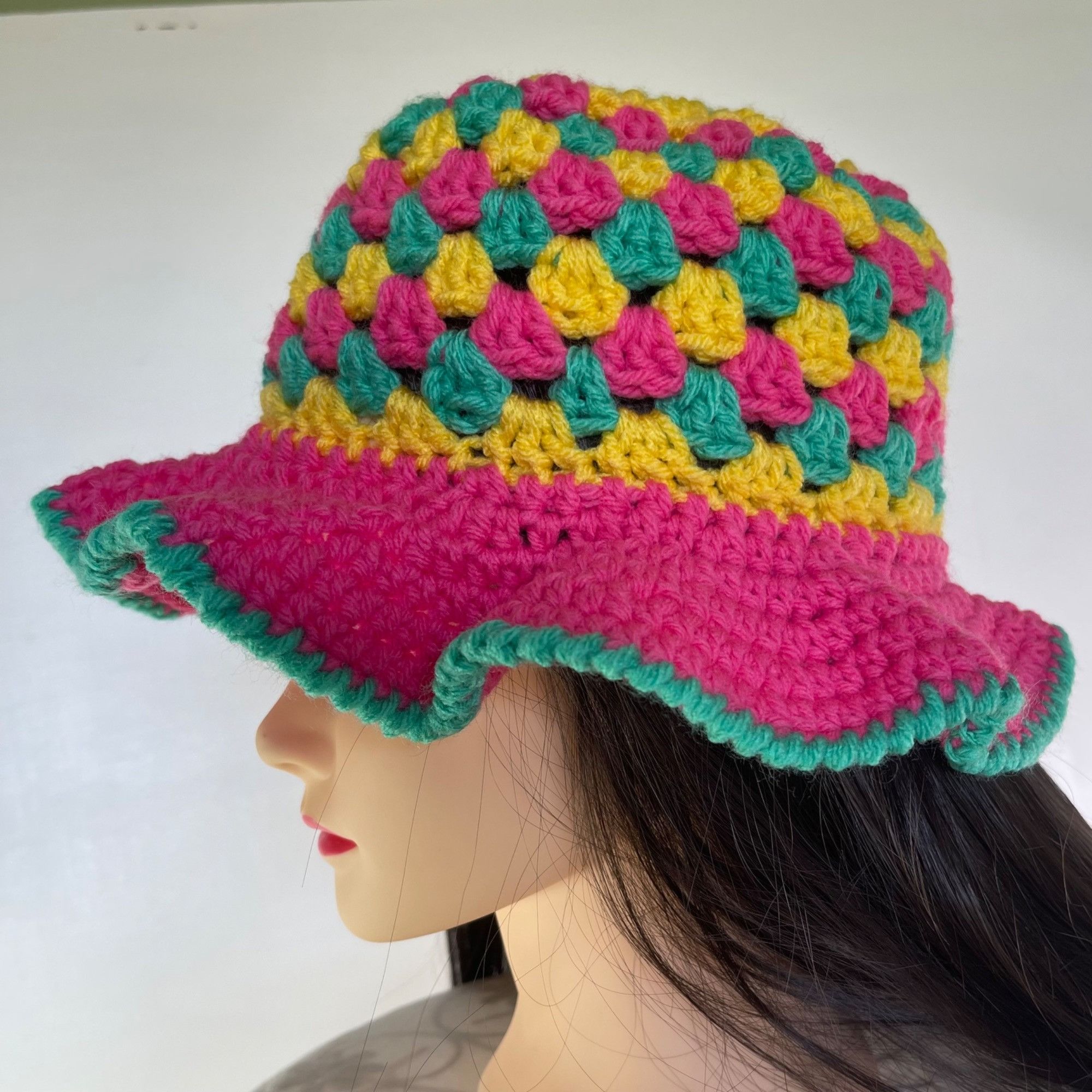 Handmade Crochet Bucket Hat Granny Square Pattern Pink Green Yellow A Size ONE SIZE - 3 Thumbnail