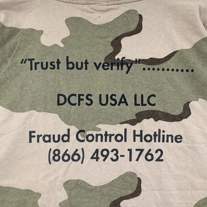 Vintage Vintage DCFS USA LLC Fraud Control Hotline Camo Tee Shirt Size US XXL / EU 58 / 5 - 5 Thumbnail