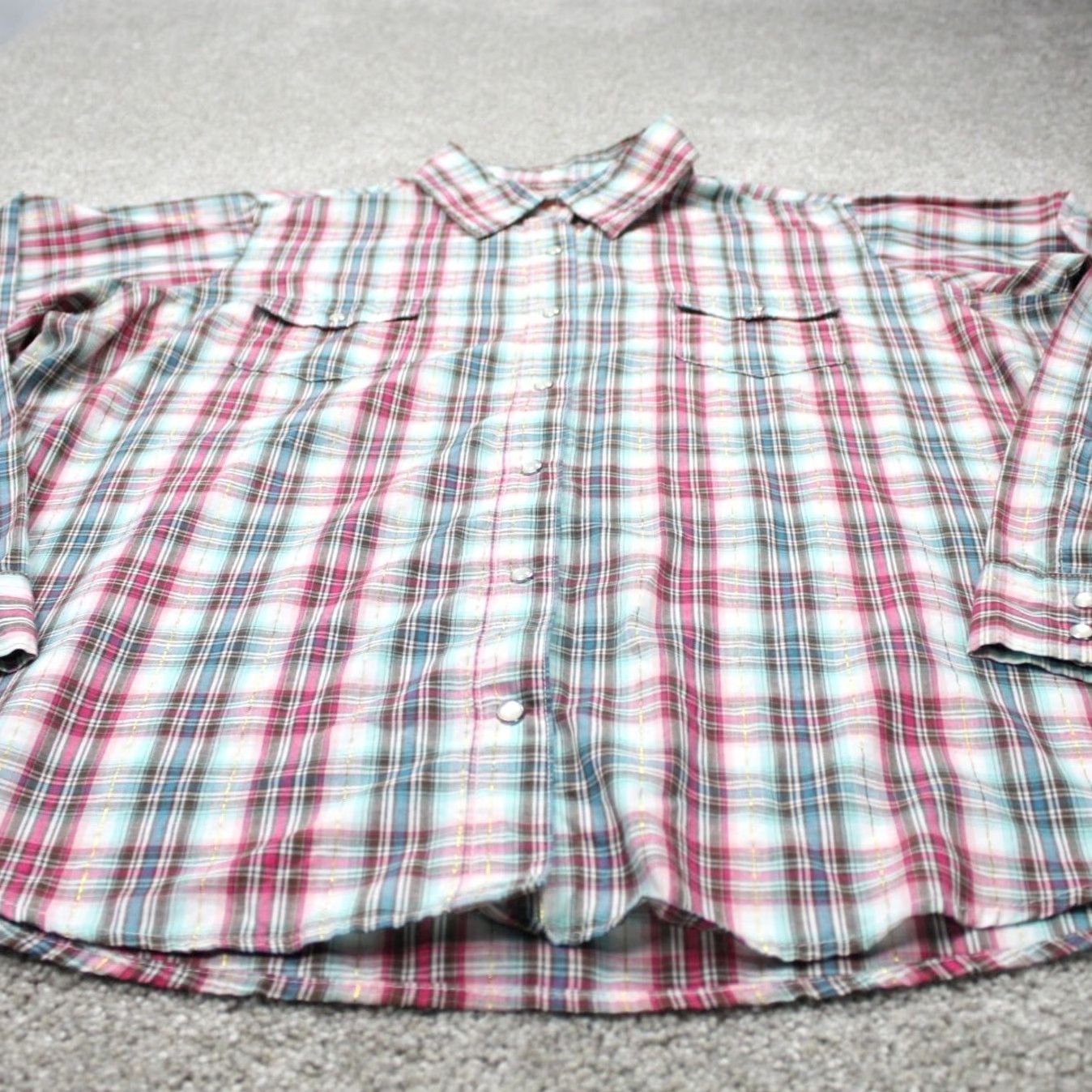 Wrangler Wrangler Wrancher Pearl Snap Shirt Mens 2XL Pink/Blue w/Gold Metallic Strip Size US XXL / EU 58 / 5 - 2 Thumbnail