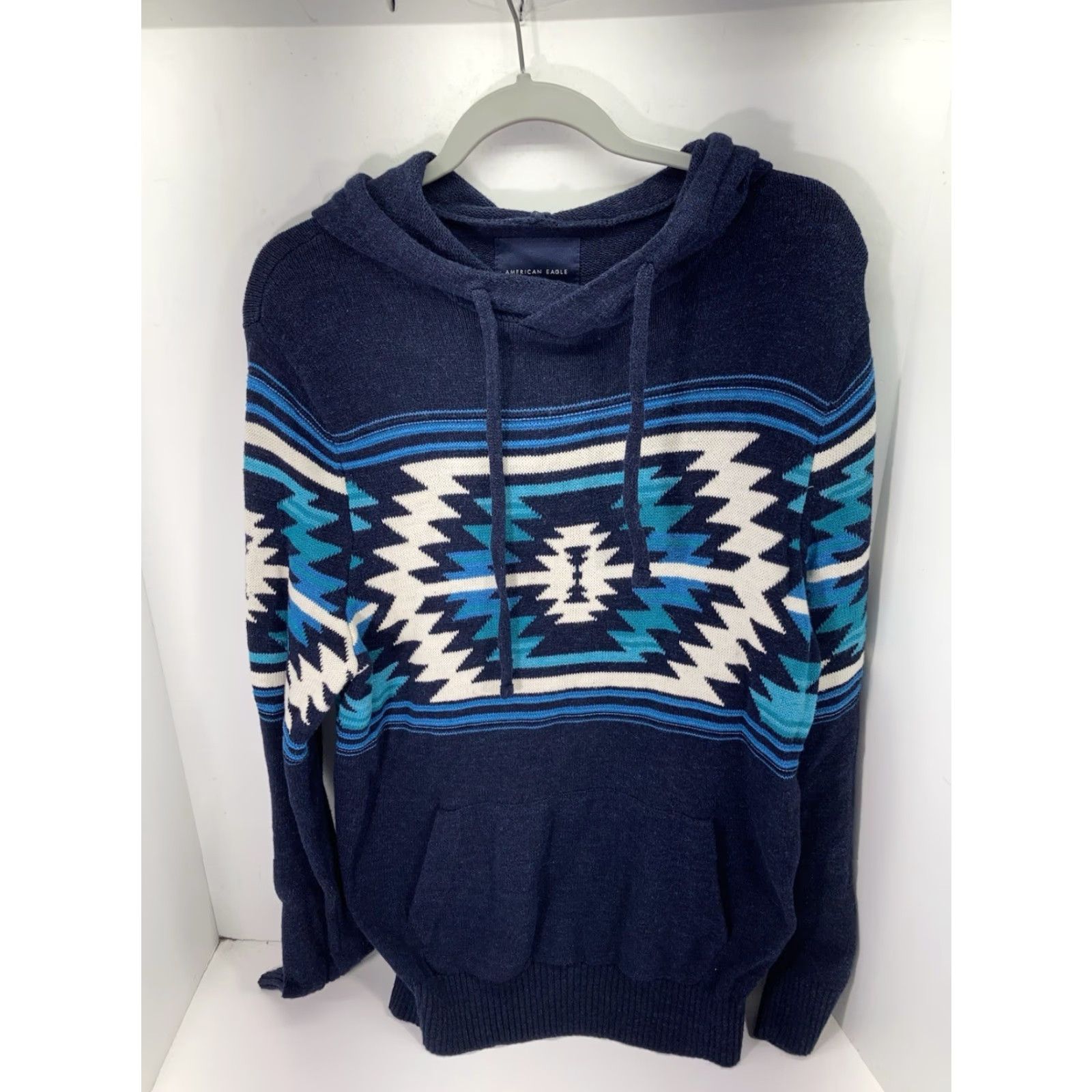 American Eagle Outfitters American Eagle Aztec Hoodie Sweater Men M Blue Long Sleeve Cotton Pullover Size US M / EU 48-50 / 2 - 2 Thumbnail