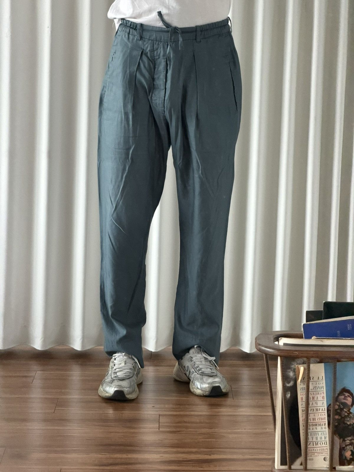 Lemaire Lemaire Blue-Green Cotton Satin Drawstring Trousers Size US 30 / EU 46 - 1 Thumbnail