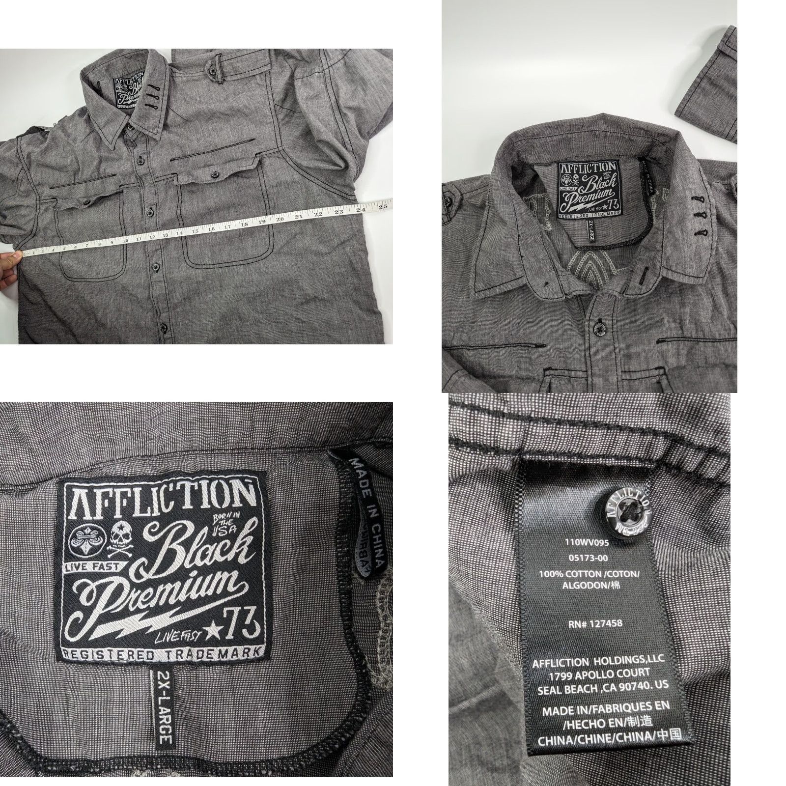 Affliction Affliction Button-Up Long Sleeve Gray 2XL Embroidered Live Fast Cross Black Premium 100% cotton Mens Shirt Size US XXL / EU 58 / 5 - 9 Thumbnail