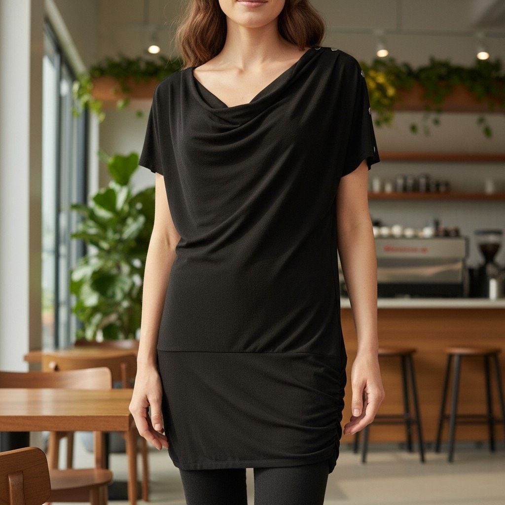 White House Black Market WHBM Button Shoulder Tunic Dress M Drape Ruched Black Size M / US 6-8 / IT 42-44 - 1 Thumbnail