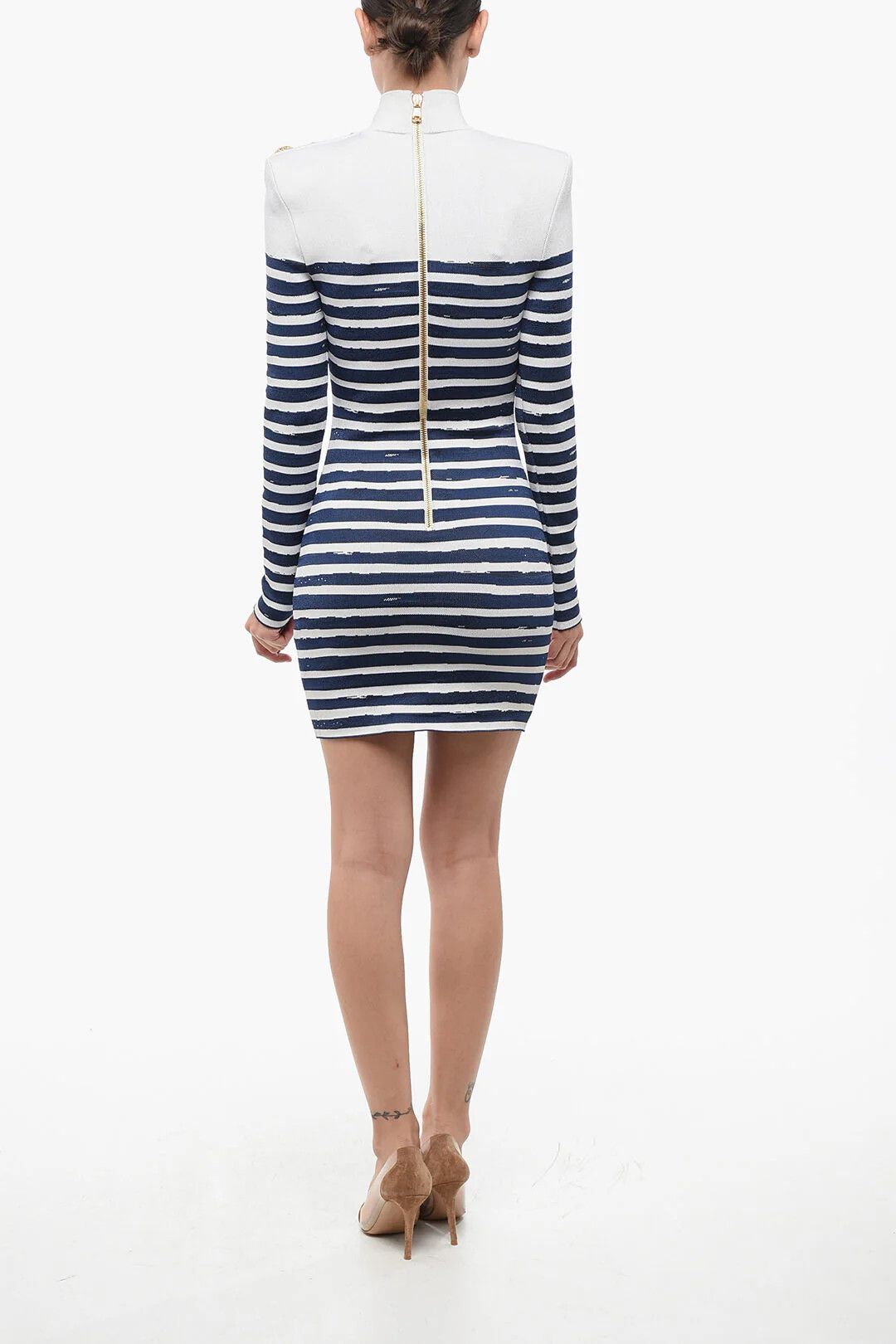 Balmain og1mm0326 Two-Tone Striped Fitted Mini Dress in White/Blue Size M / US 6-8 / IT 42-44 - 2 Thumbnail